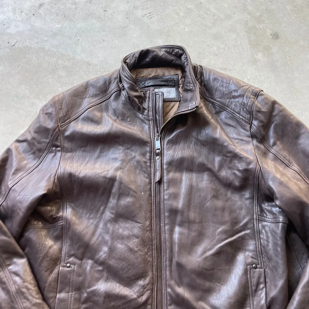 Marc New York Andrew Marc Brown Leather Cafe Racer Jacket XXL Moto Biker Quilted
